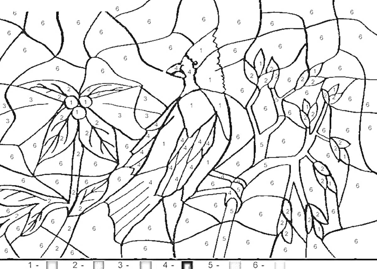 На раскраске изображено: Птица, Растения, Природа, Цветы, Листья, Контурные рисунки, Хобби, Релакс