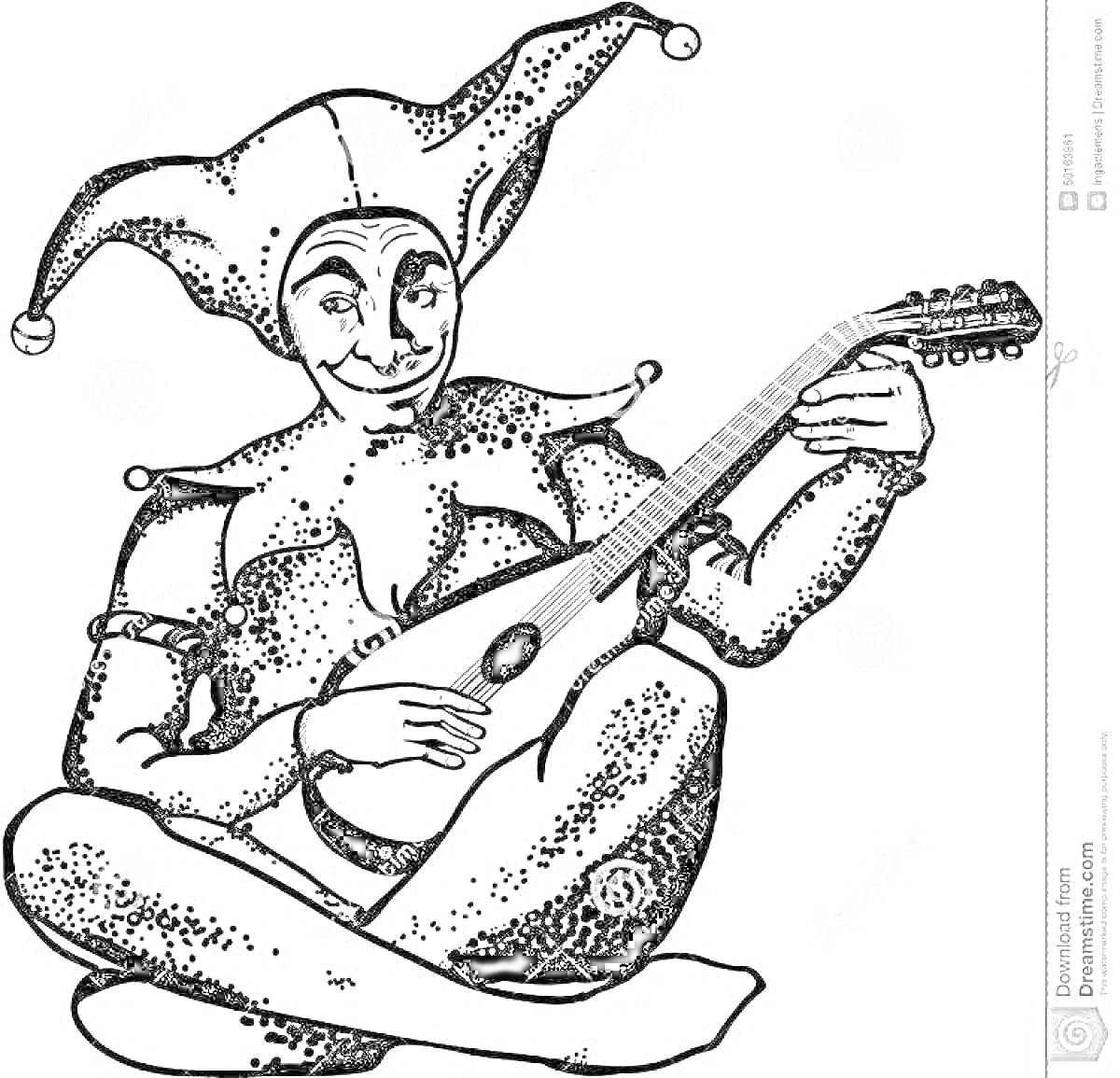 Раскраска Шут с мандолиной, сидящий в расслабленной позе