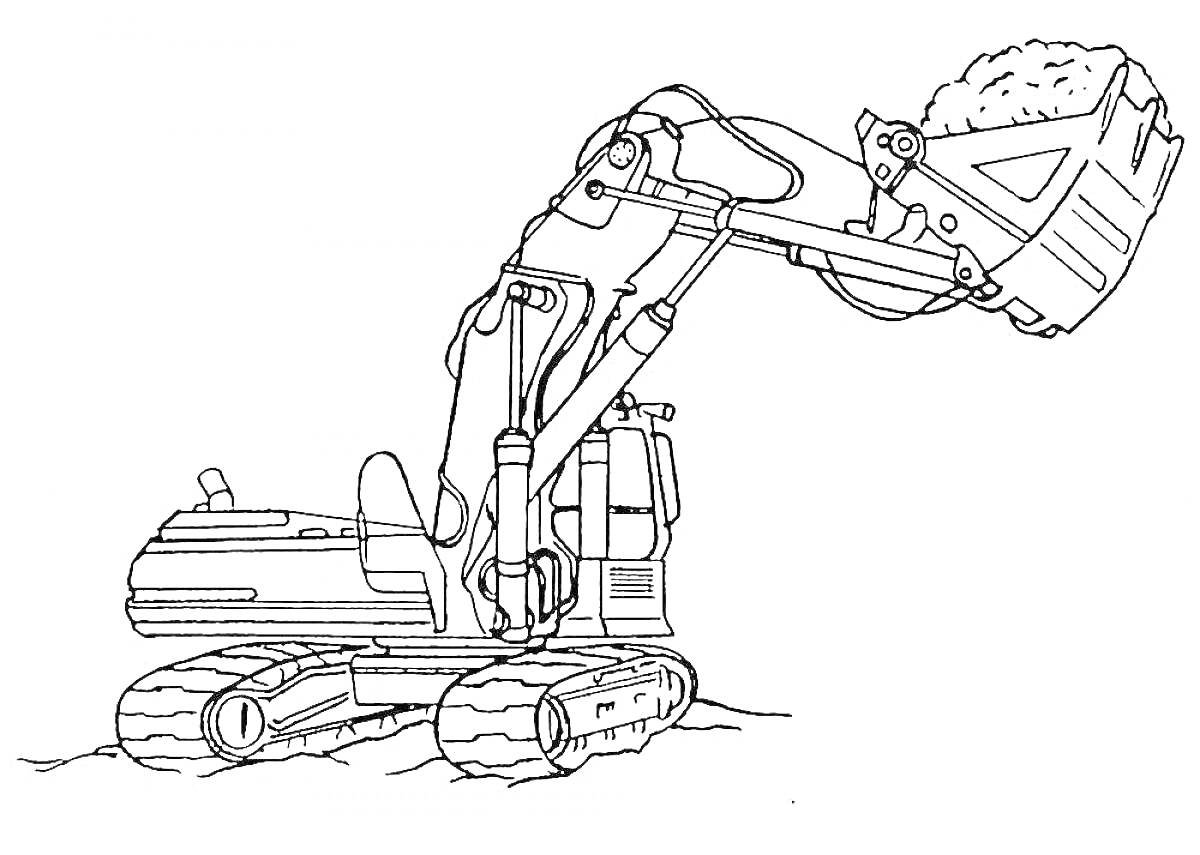 Раскраска Экскаватор с ковшом, поднимающий землю