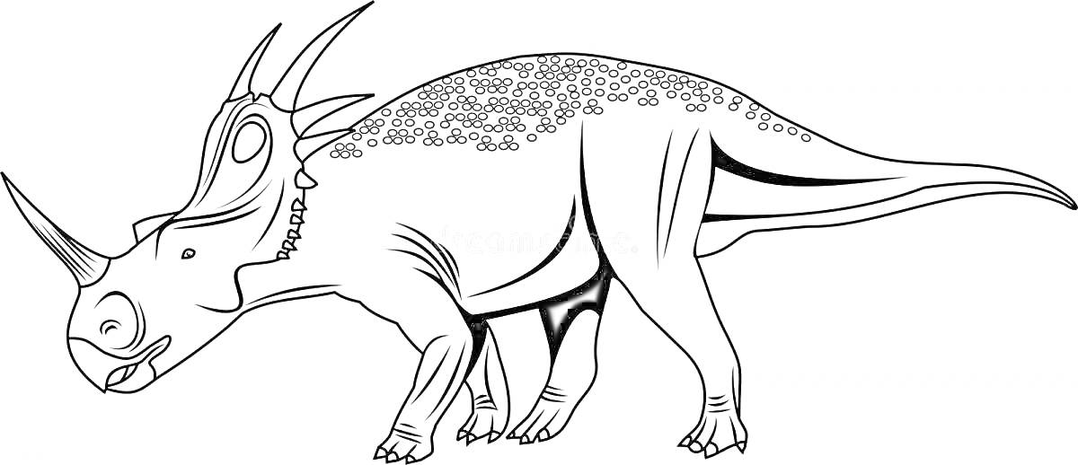 На раскраске изображено: Динозавр, Рога, Узоры, Контурные рисунки