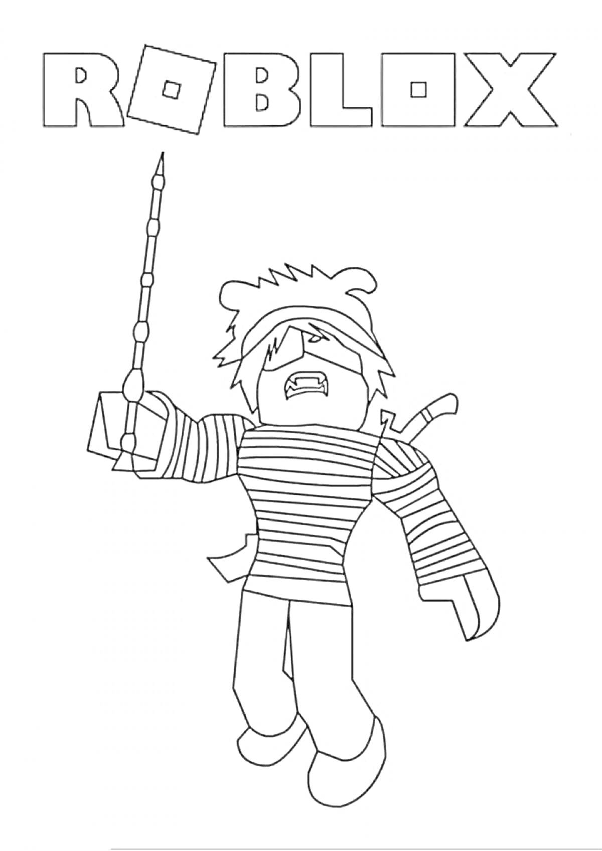 Раскраска Персонаж Роблокс с палкой, значком медведя на шляпе и мечами за спиной