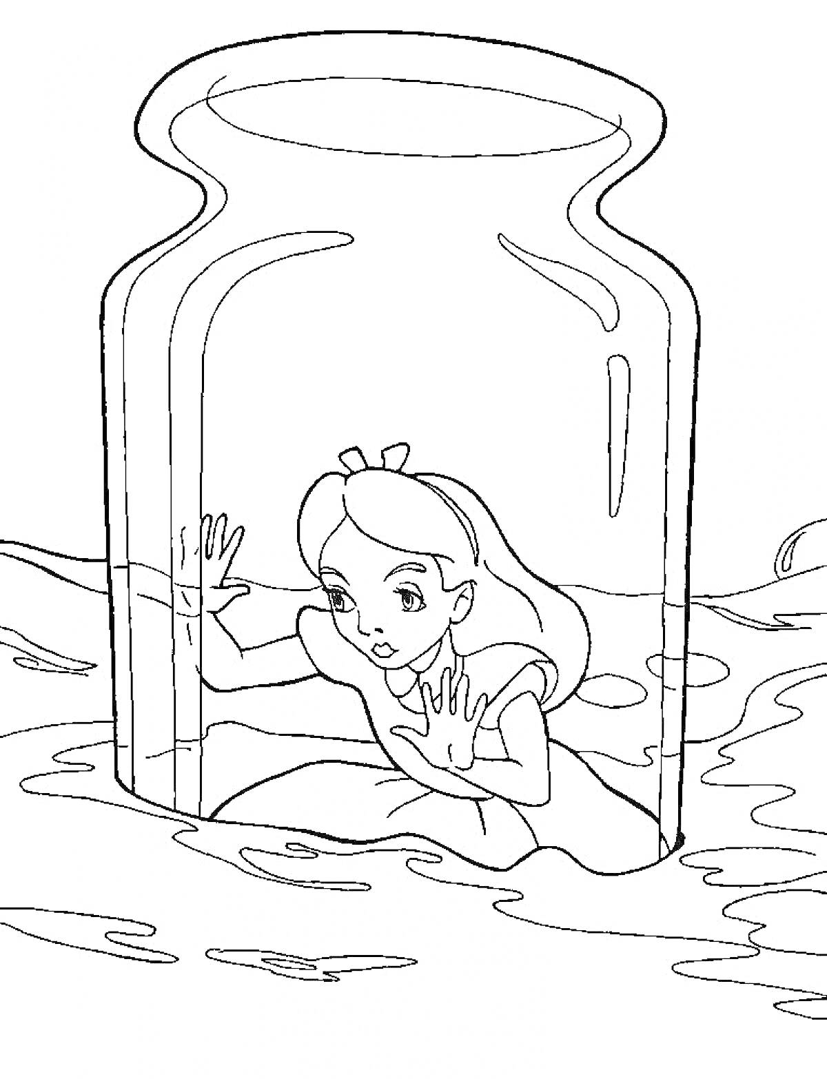На раскраске изображено: Алиса, Банка, Из сказок, Плавание, Вода