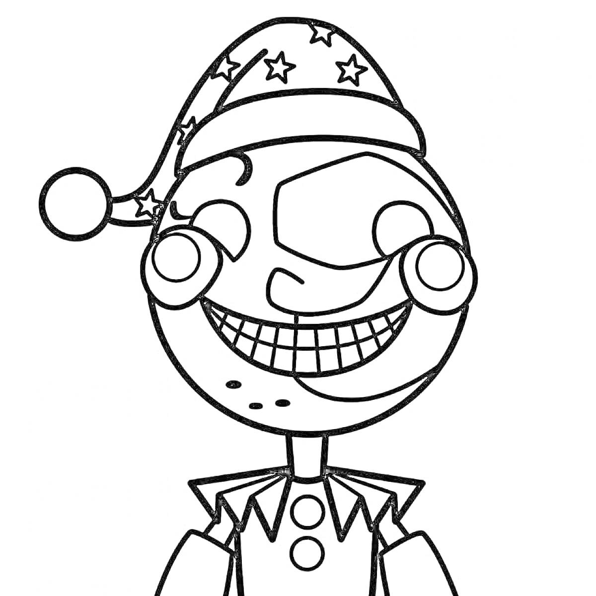 Раскраска Клоун-аниматроник в шляпе с звездами и широким ртом