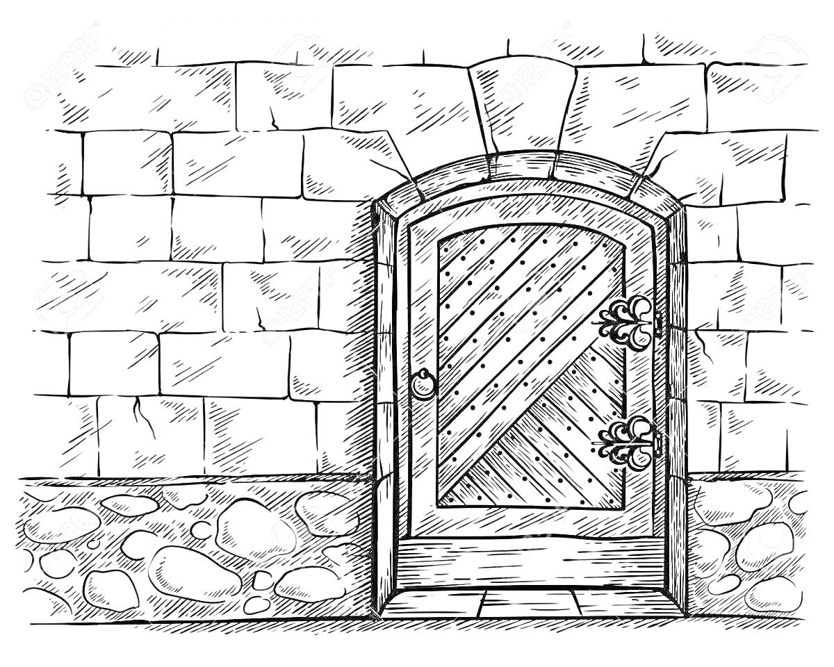 На раскраске изображено: Каменная стена, Деревянная дверь, Металлические детали, Кладка, Крепость, Архитектура, Иллюстрация