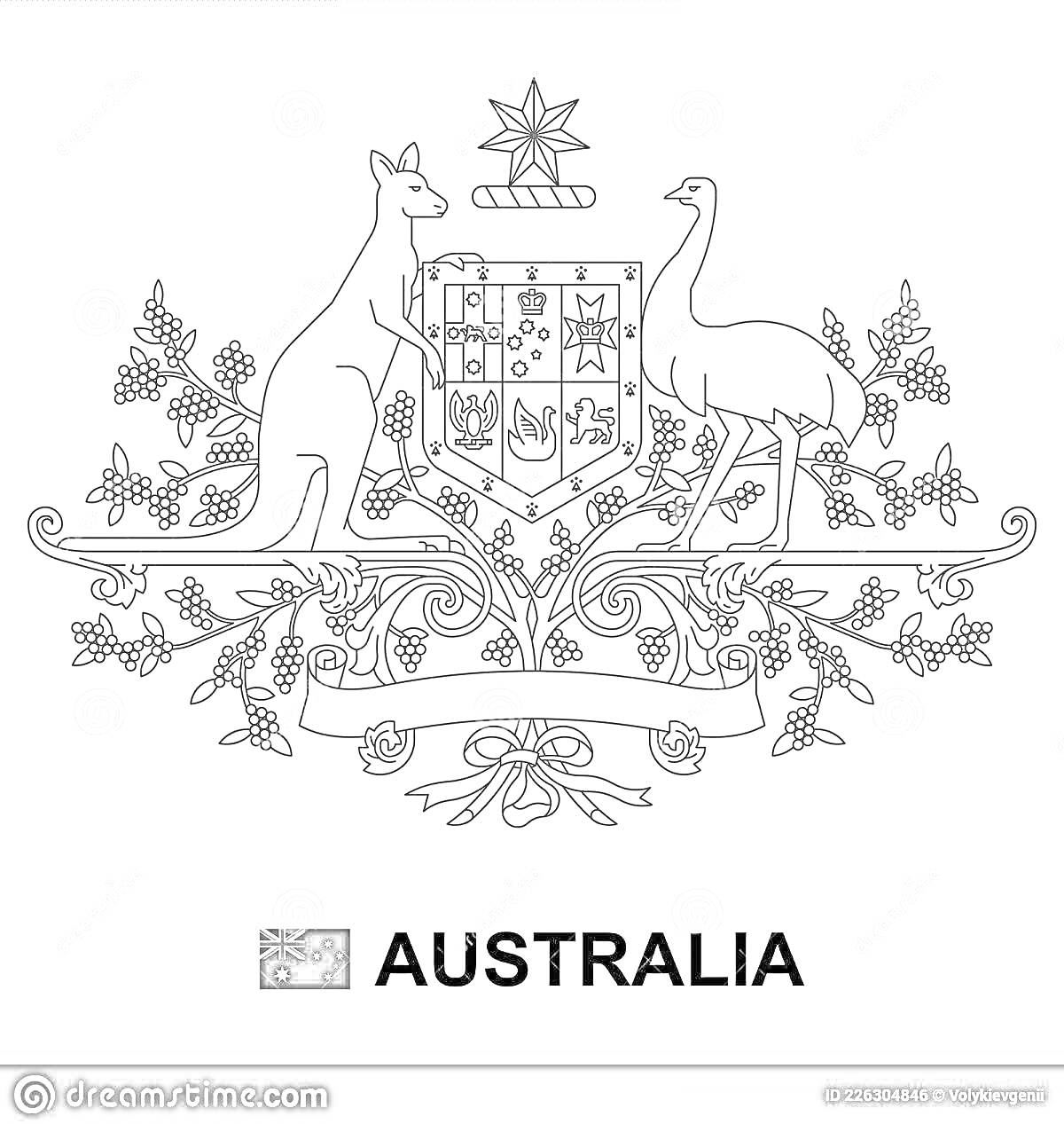 На раскраске изображено: Австралия, Кенгуру, Эму, Лента, Щит