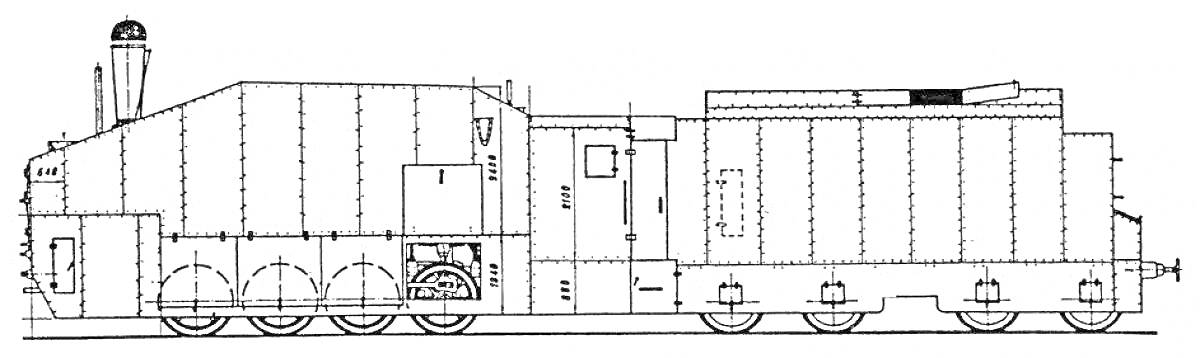 Раскраска Бронепоезд с паровозом, бронированной кабиной, вагоном и пушкой