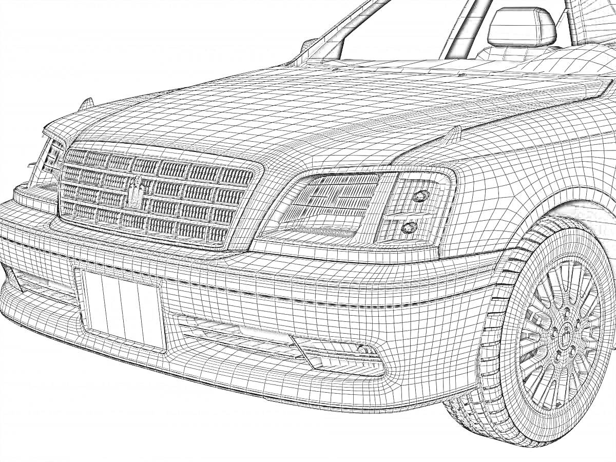 Раскраска Toyota Crown с прорисовкой передней части автомобиля, включая решетку радиатора, фары, передний бампер, номерной знак и передние колеса.