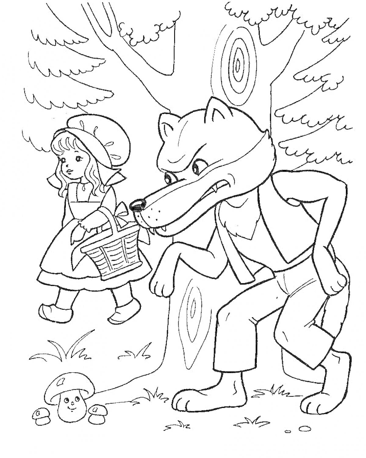 На раскраске изображено: Красная Шапочка, Волк, Лес, Ребенок