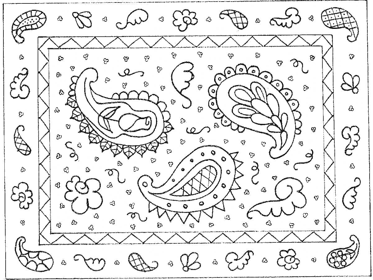 На раскраске изображено: Ковер, Узоры, Капли, Цветки, Волнистые линии