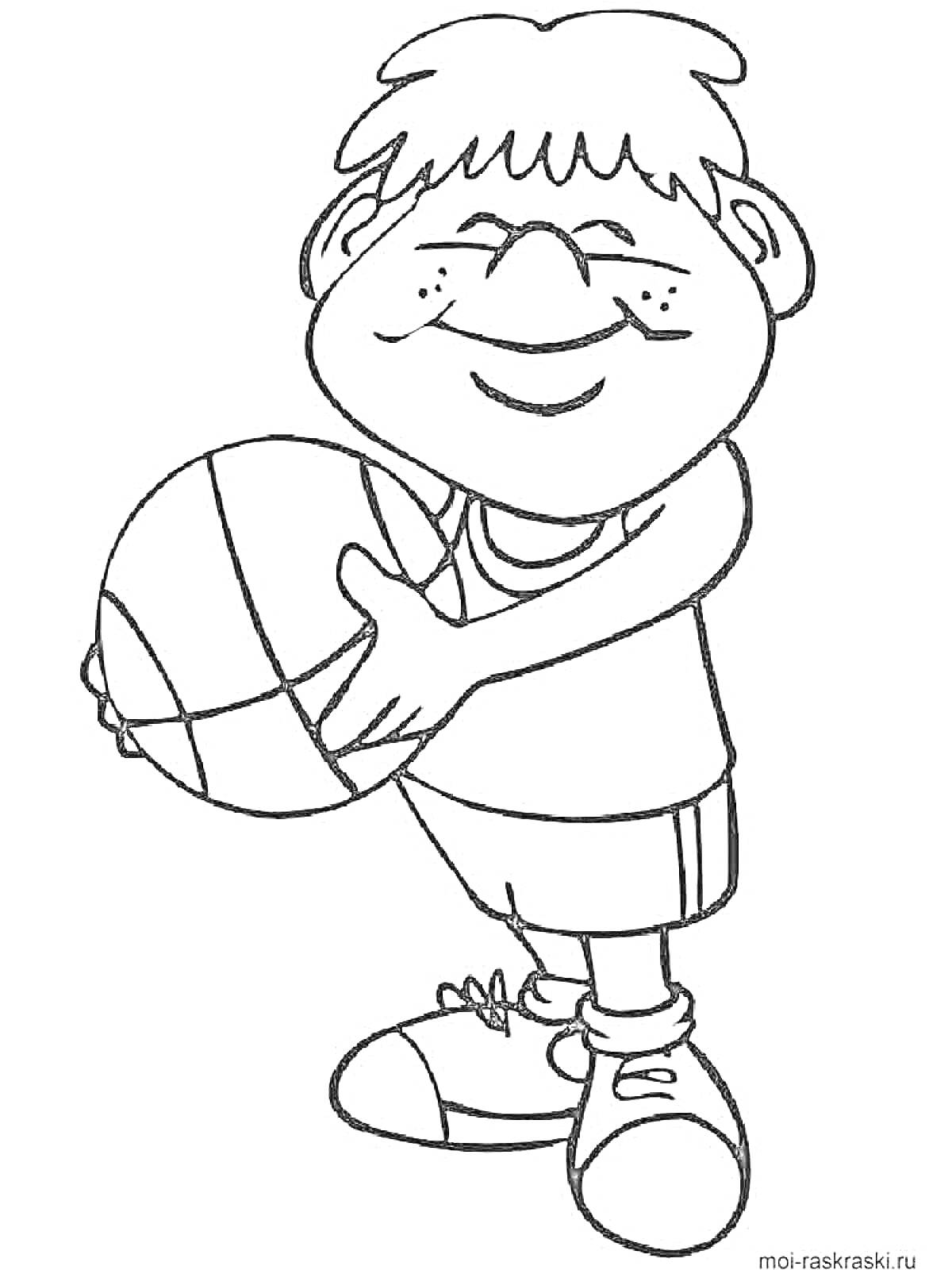 На раскраске изображено: Мальчик, Баскетбольный мяч, Кроссовки, Шорты, Спортивная одежда, Улыбка