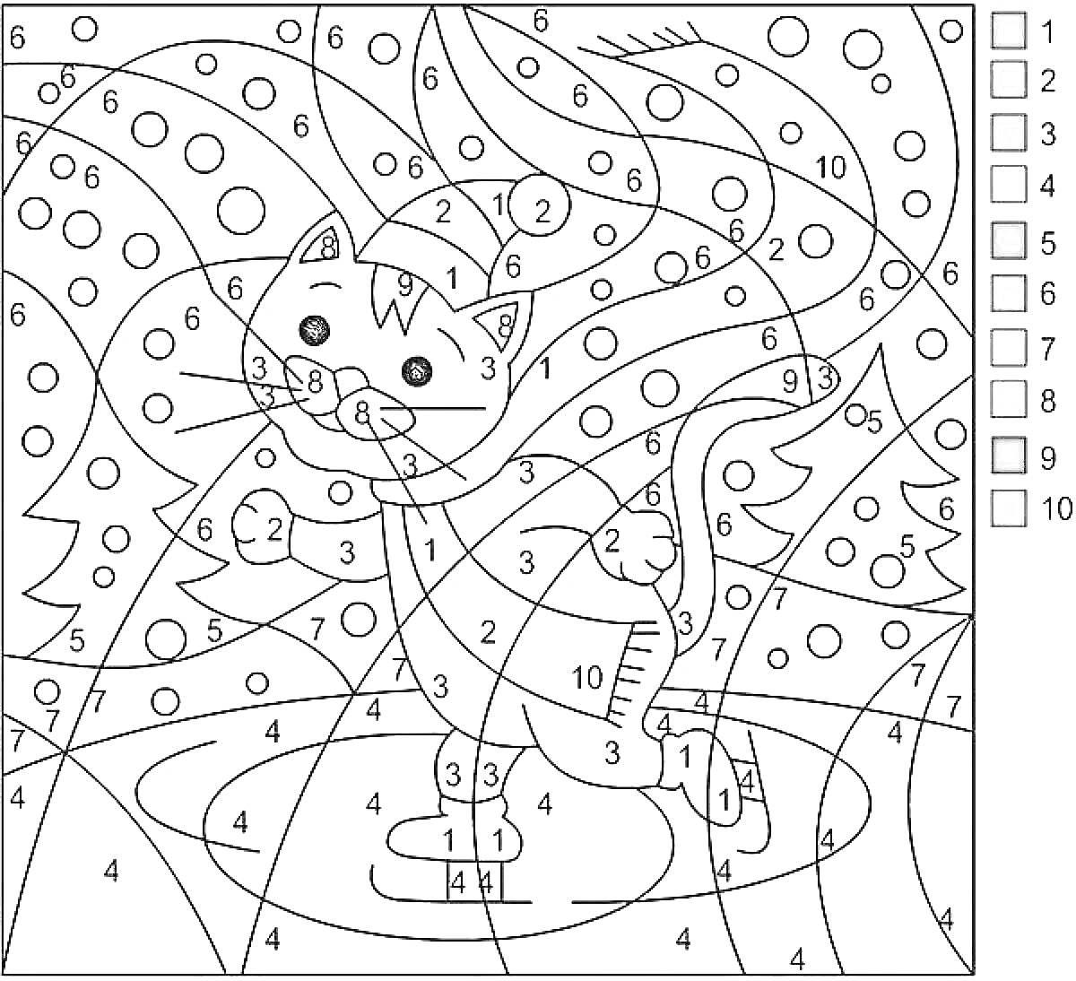 Раскраска Кот на коньках среди ёлок и снежинок