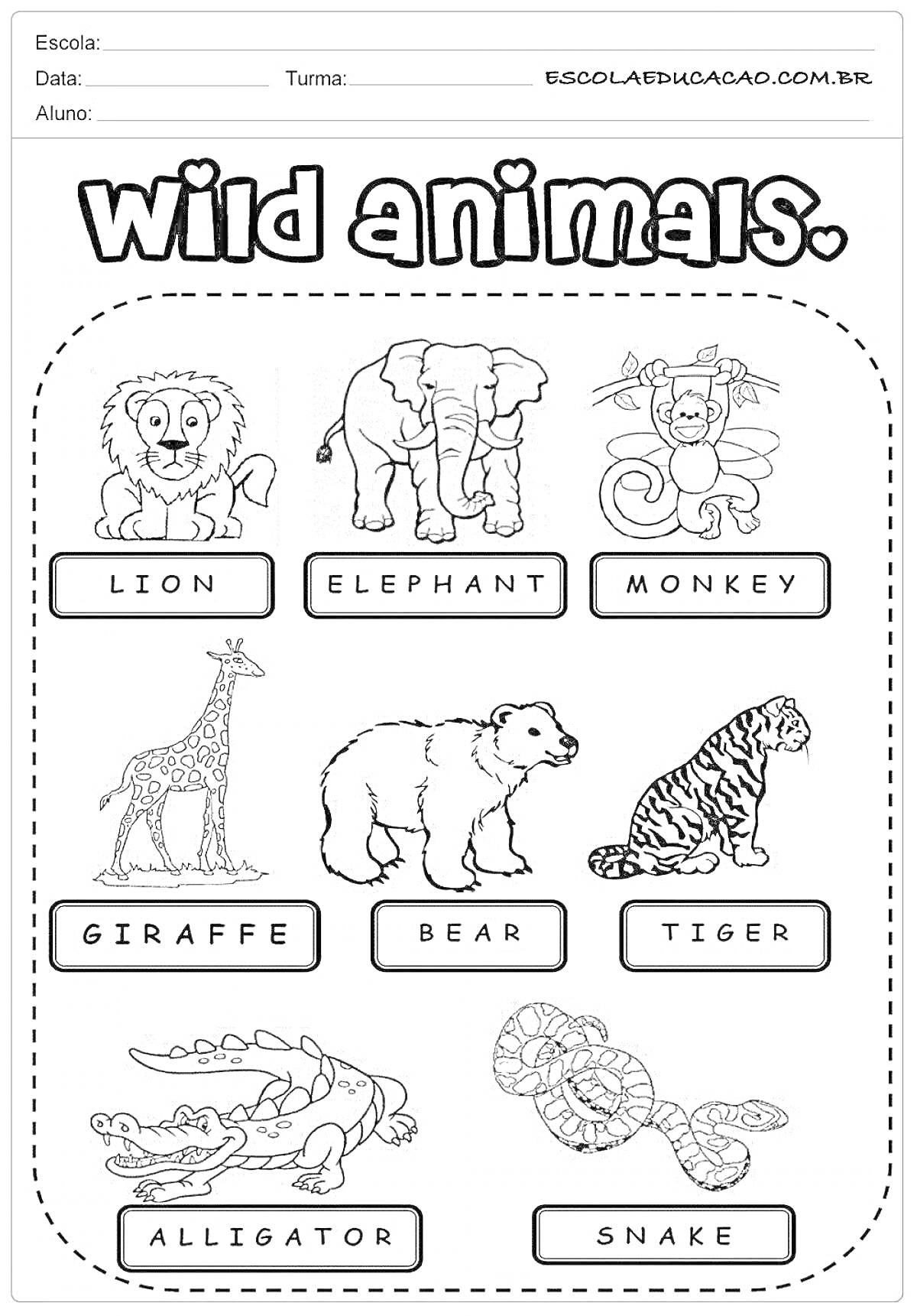 Раскраска Wild Animals (Lion, Elephant, Monkey, Giraffe, Bear, Tiger, Alligator, Snake)