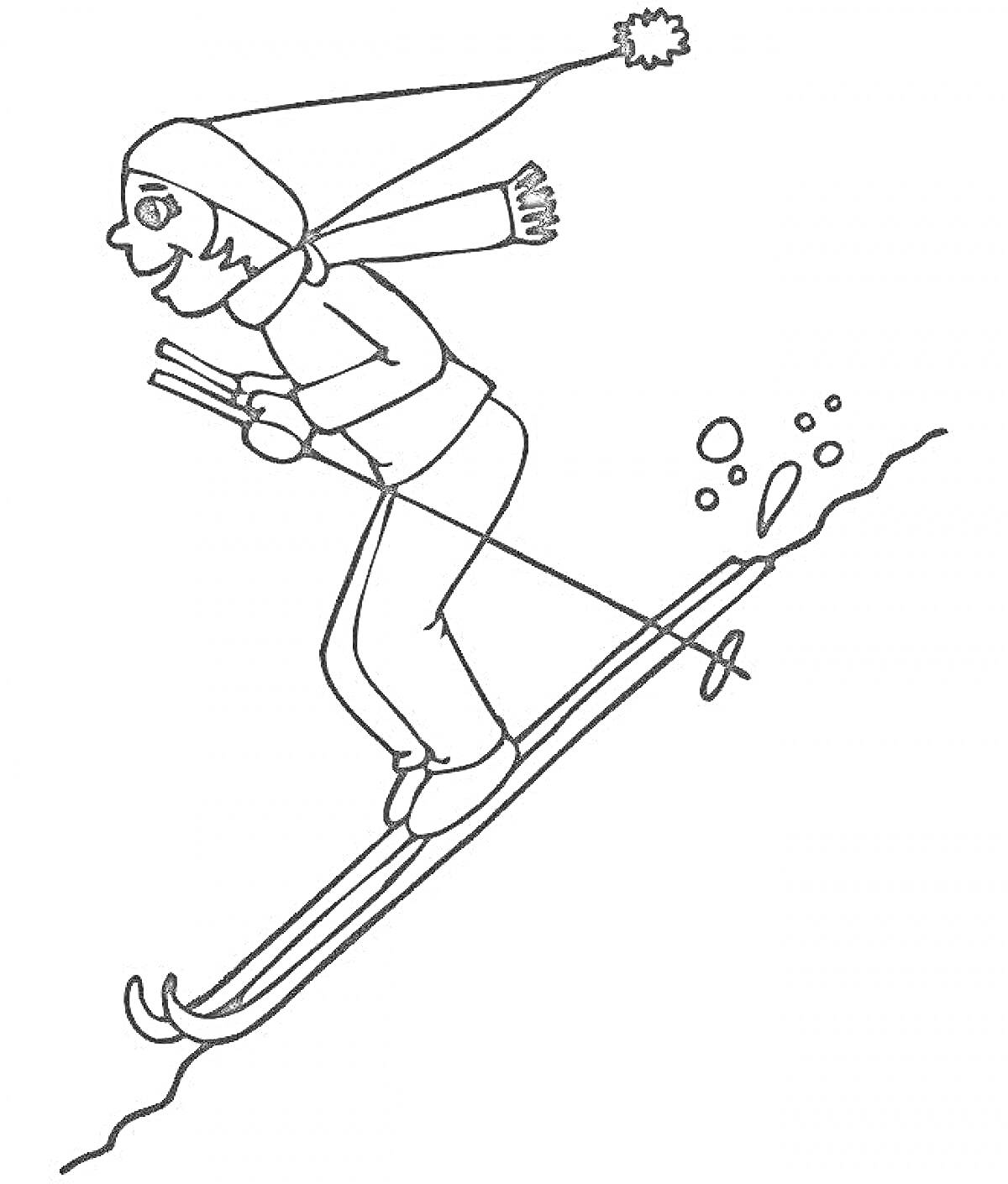 На раскраске изображено: Лыжный спорт, Лыжник, Шапка, Шарф, Лыжные палки, Зимние виды спорта, Снег, Активный отдых