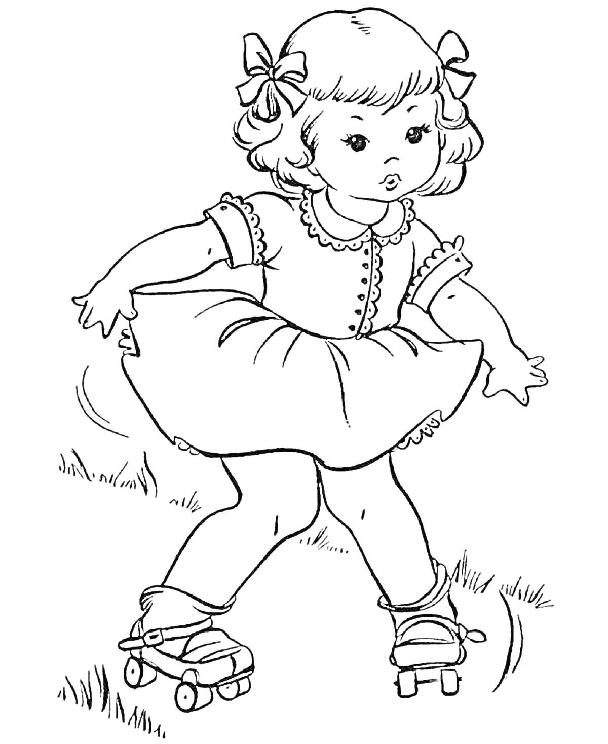 Раскраска Девочка на роликах, катающаяся по траве, в платье с бантиками