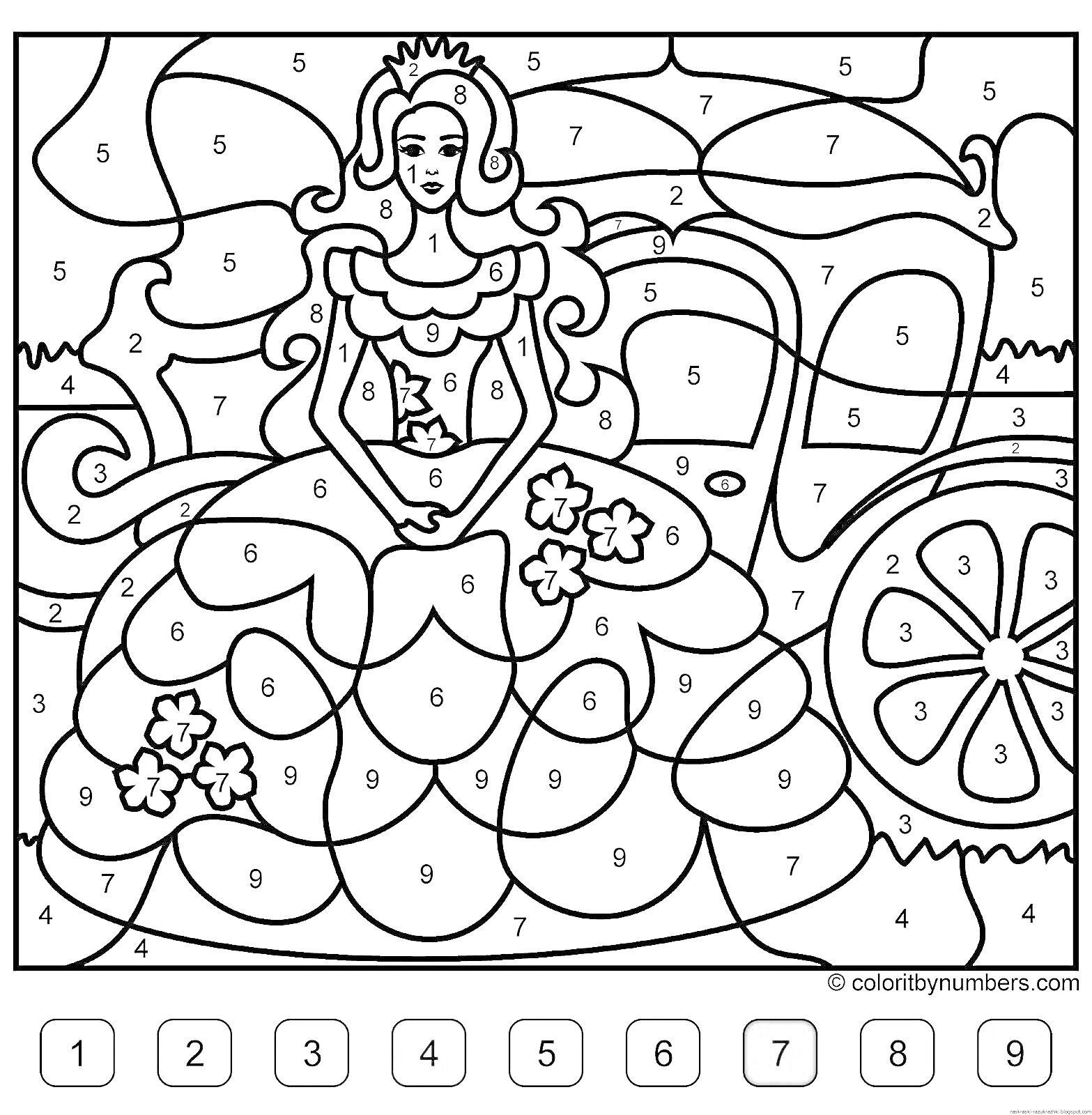 Раскраска Принцесса в карете с цветами и кроликом