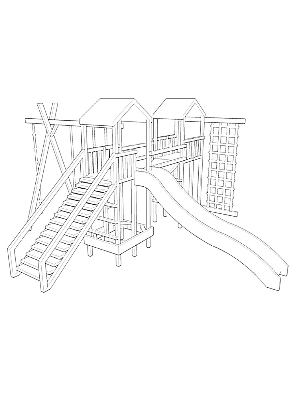 Раскраска Детская игровая площадка с горкой, лестницей и веревочной лестницей