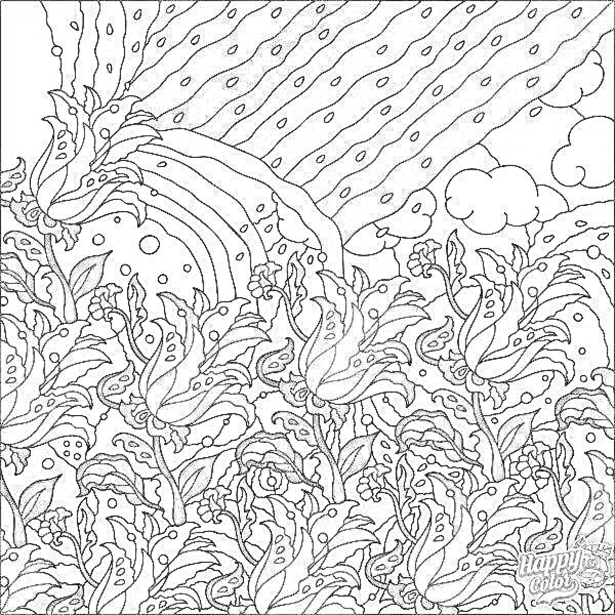 Раскраска Радуга над цветочным полем с облаками и крупными листьями