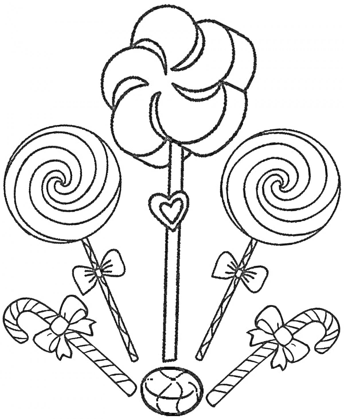 Раскраска Леденцы чупа чупс на палочках с сердцем и бантиками и карамельки с бантиками
