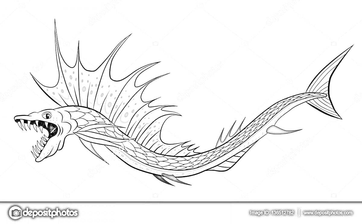 Раскраска морской монстр с плавниками, чешуей и острыми клыками