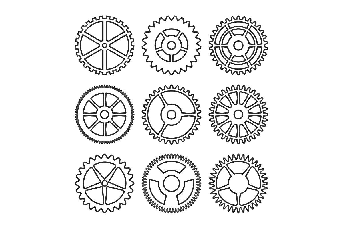 Раскраска Раскраска с девятью различными шестеренками