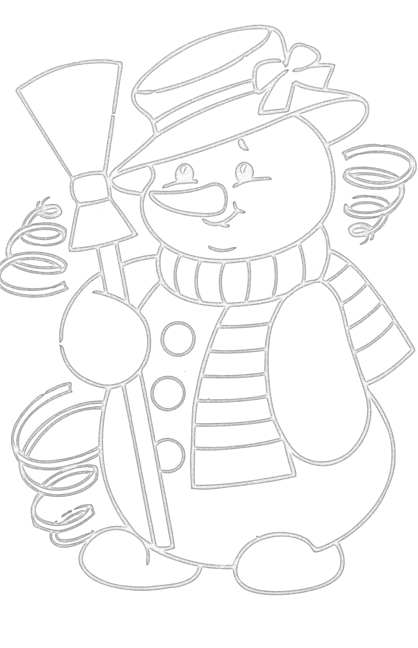 Раскраска Снеговик с метлой, в шарфе и шляпе с бантом