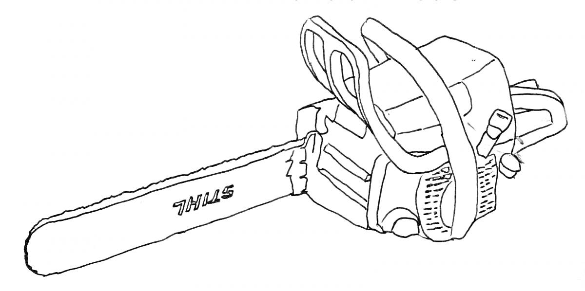 На раскраске изображено: Бензопила, Инструмент, Рукоятка, Цепь, Механика, Ручной инструмент, Рабочий инструмент