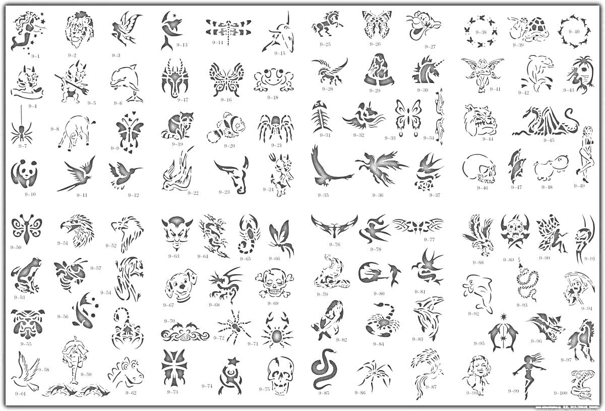 На раскраске изображено: Татуировки, Маленькие, Черепа, Змеи, Цветы, Пламя, Узоры