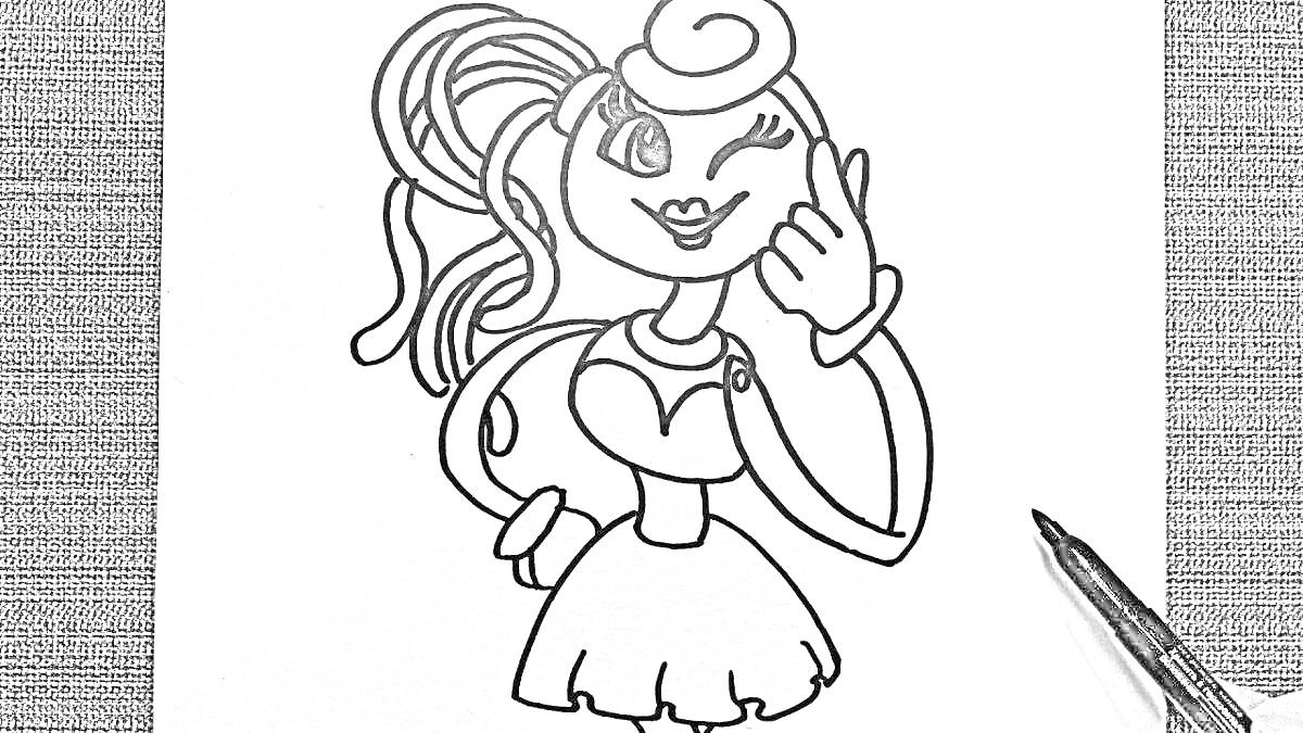 Раскраска рисунок женского персонажа с длинными волосами и юбкой, с поднятой рукой, на белом фоне