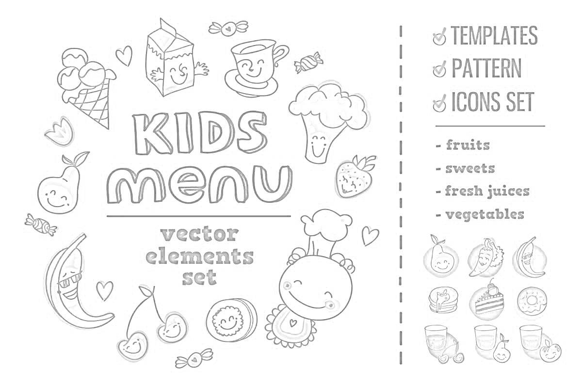 На раскраске изображено: Меню, Фрукты, Мороженое, Кекс, Ключ, Брокколи, Клубника, Пицца, Банан, Виноград, Яичница, Печенье, Ананас, Киви, Вектор, Шаблоны, Иконки, Овощи, Сладости, Соки