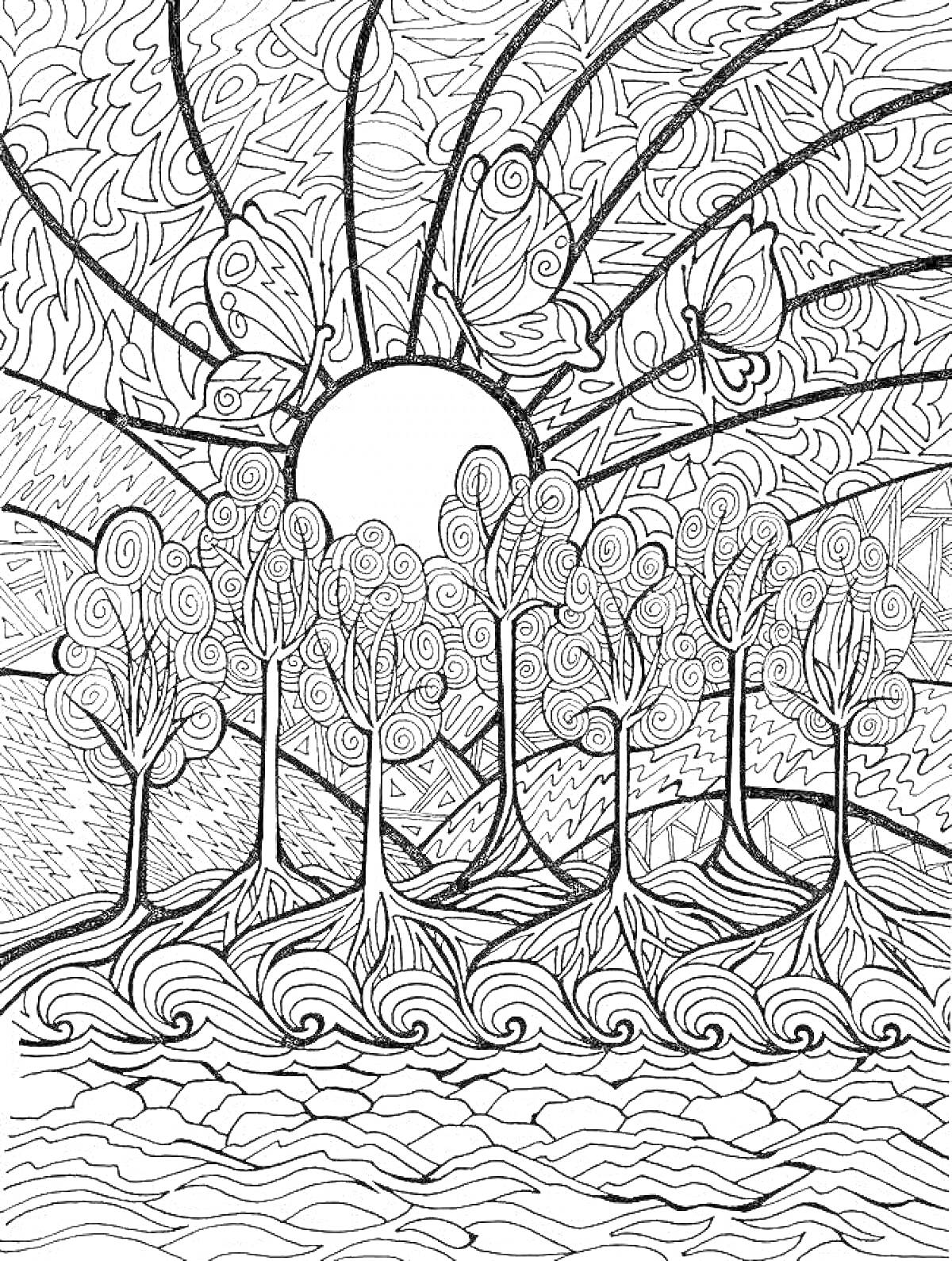 На раскраске изображено: Природа, Антистресс, Деревья, Река, Солнце, Небо, Узоры, Арт-терапия, Спокойствие