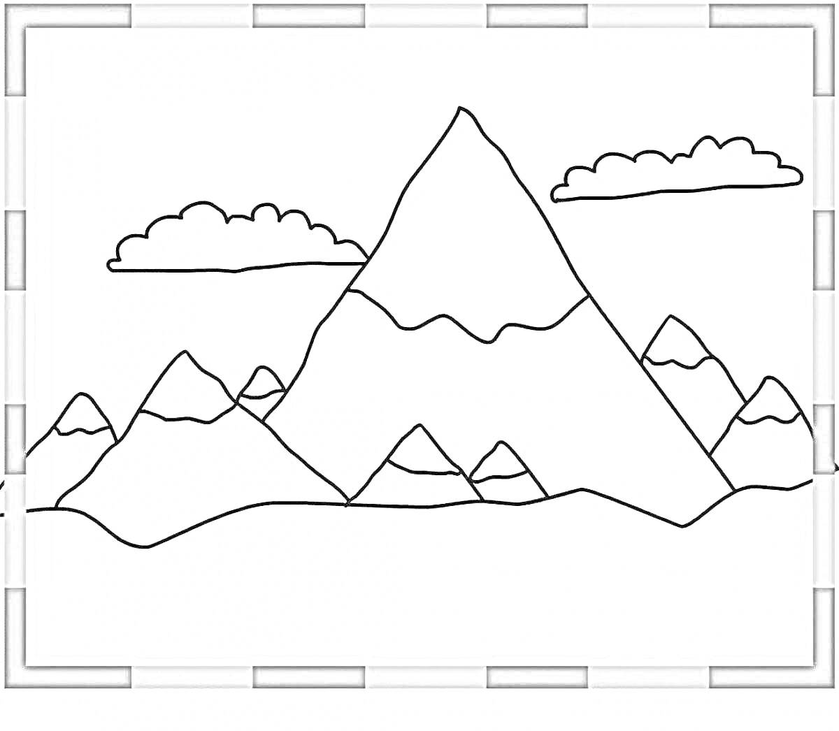 На раскраске изображено: Горы, Облака, Пейзаж, Для детей, Природа, Окружающая среда