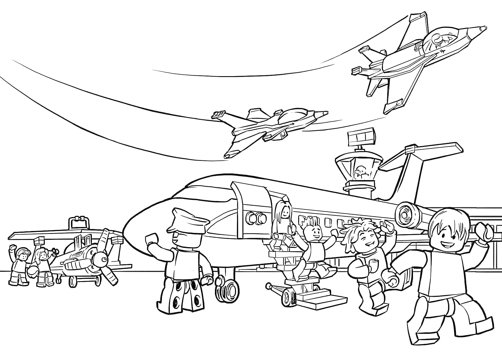На раскраске изображено: Аэропорт, Истребители, Пилот, Пассажиры, Lego city