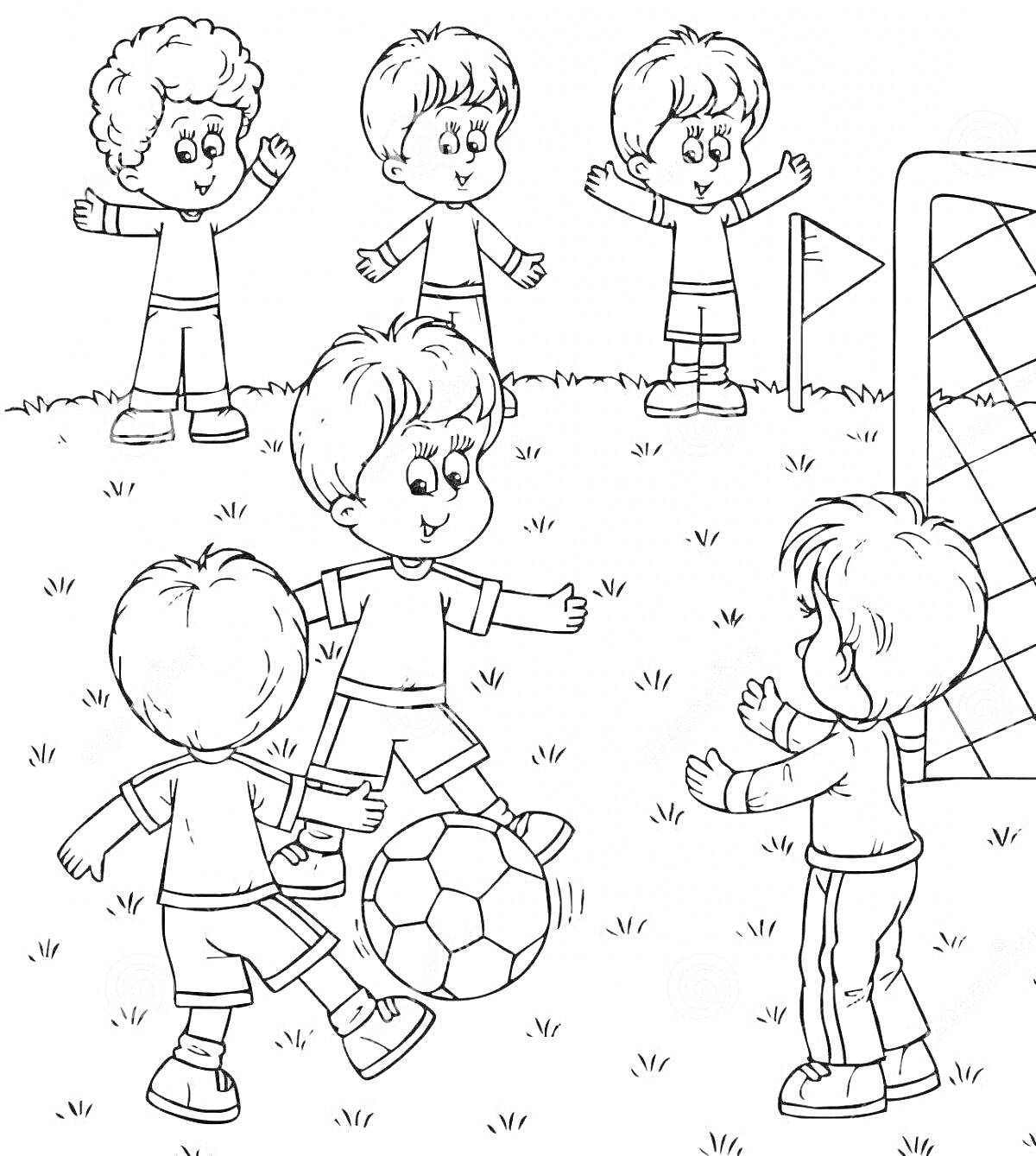 На раскраске изображено: Футбол, Ворота, Трава, Игра, Спорт, Для детей, Мячи, Флаг