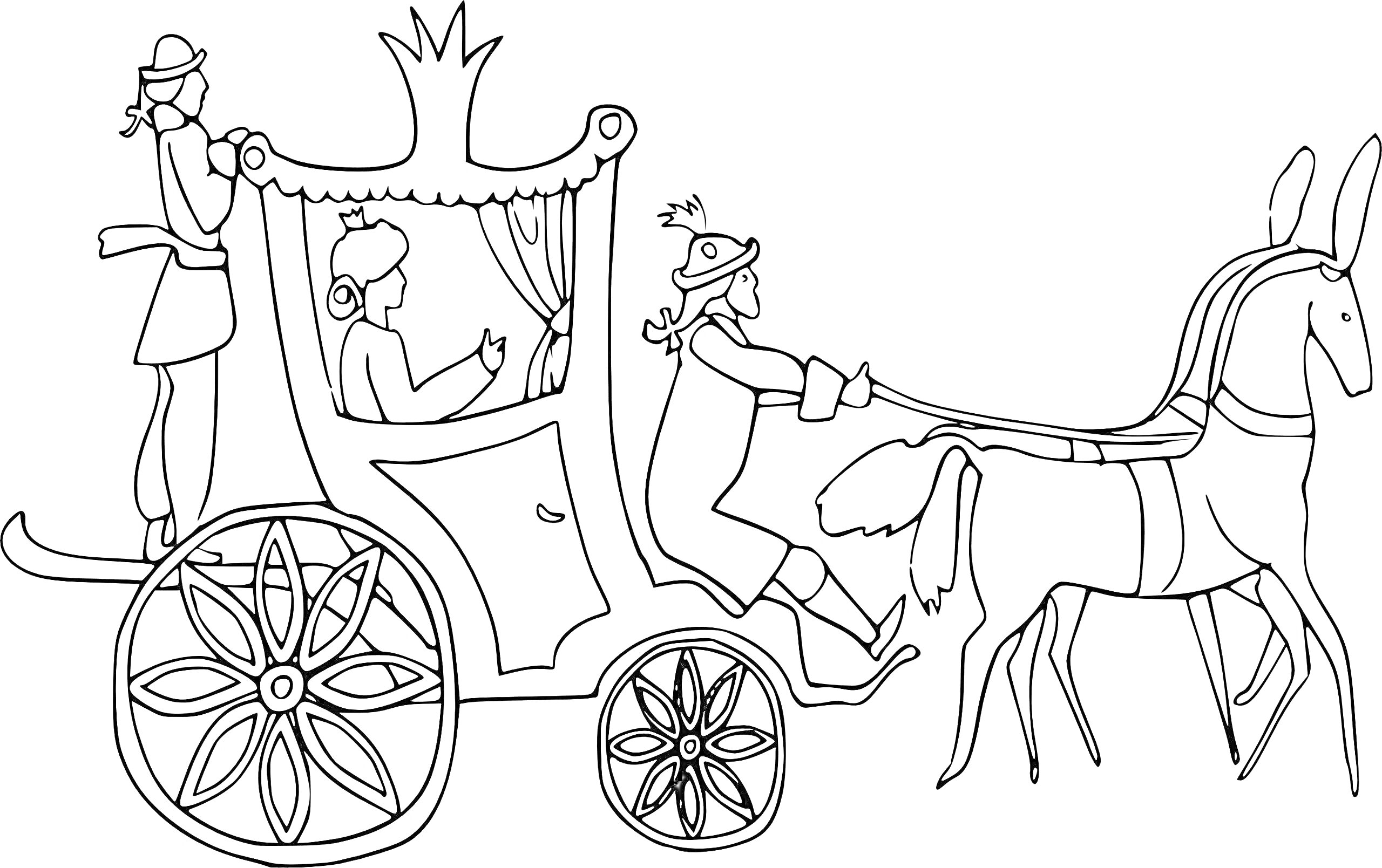 На раскраске изображено: Карета, Транспорт, Король, Лошадь, Экипаж