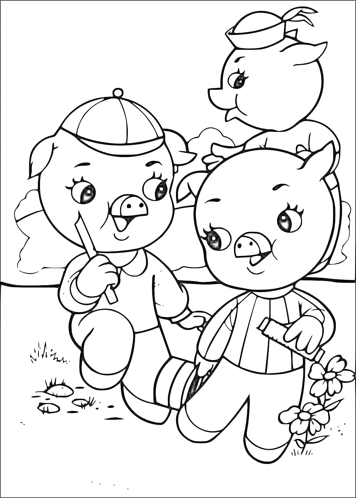 На раскраске изображено: Три поросенка, Поляна, Цветы, Детские персонажи