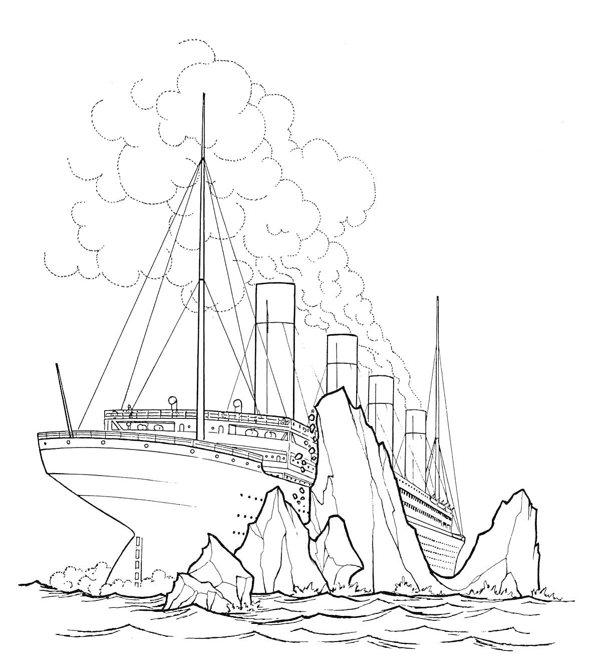На раскраске изображено: Титаник, Айсберг, Пароход, Корабль, Дым, Вода, Катастрофа, Облака