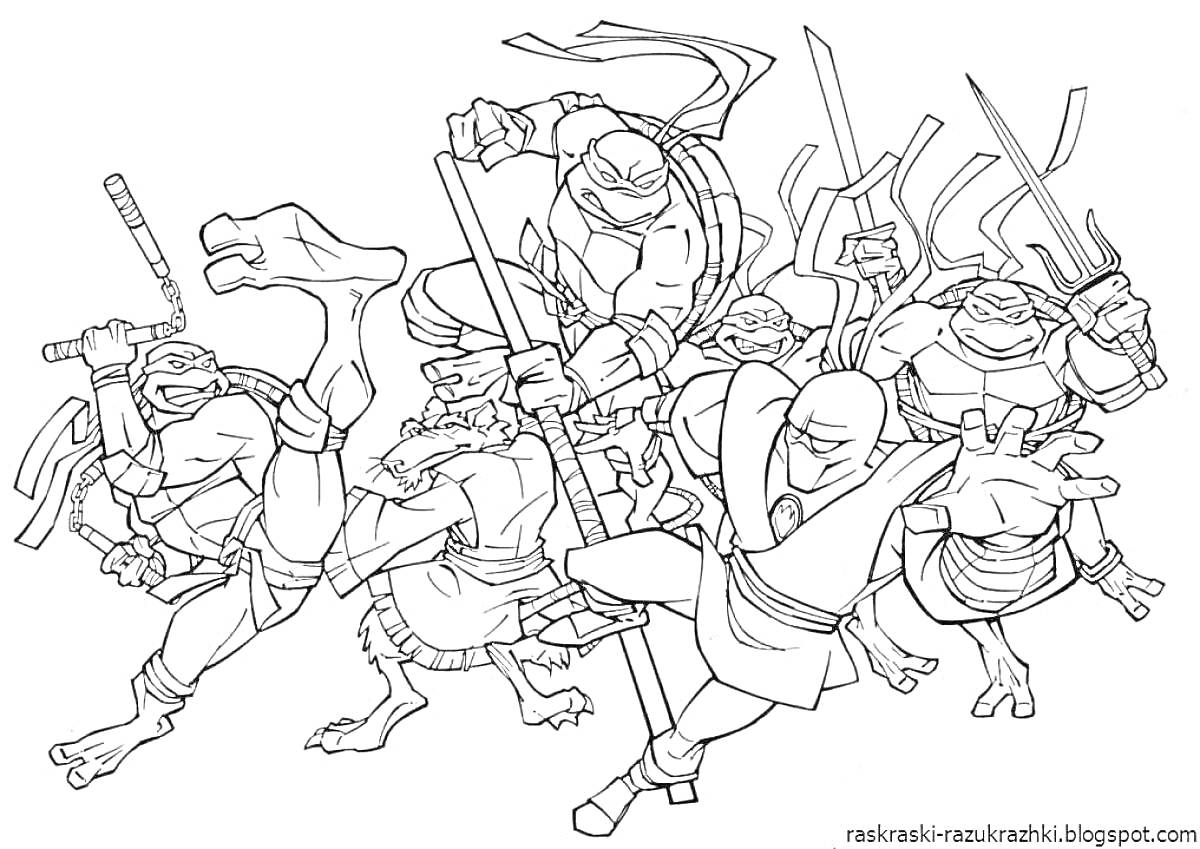 Раскраска Черепашки-ниндзя с оружием в боевых позах (боевые палки, мечи, нунчаки)