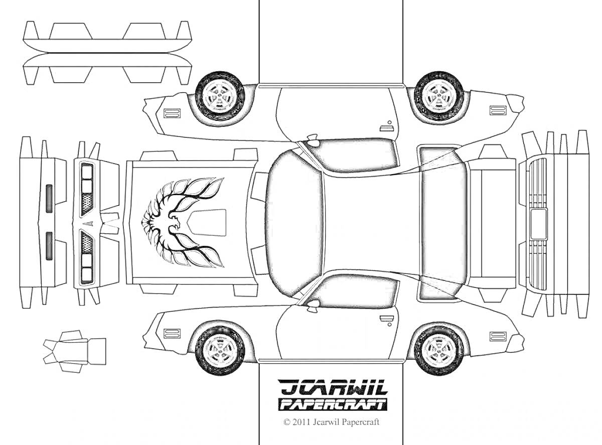 Раскраска Бумажная модель машины с элементами автомобиля Firebird и логотипом JOANIR PAPERCRAFT