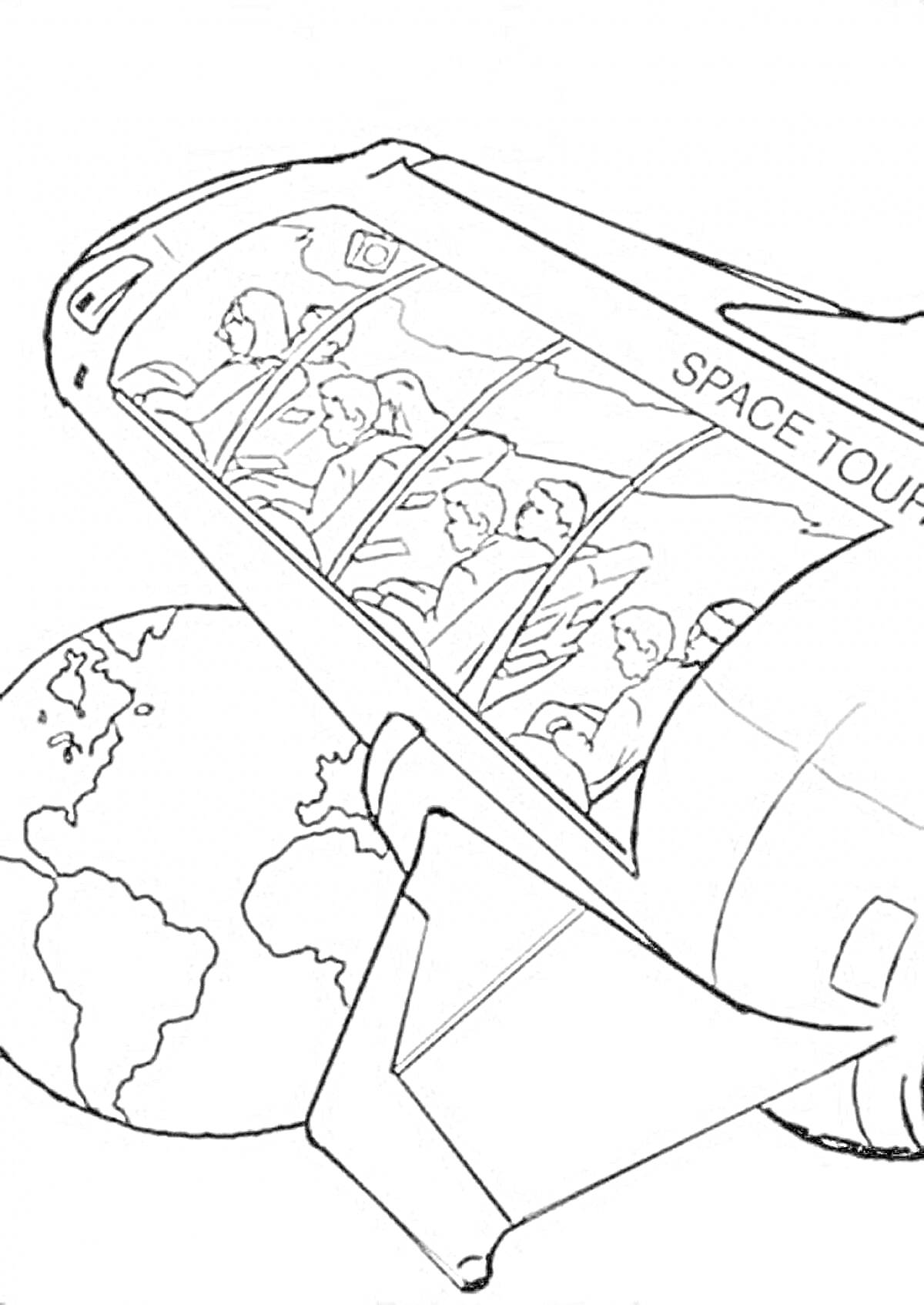 На раскраске изображено: Космос, Космический корабль, Пассажиры, Земля, Карта, Галактика, Окна, Астронавт, Иллюминаторы, Путешествия