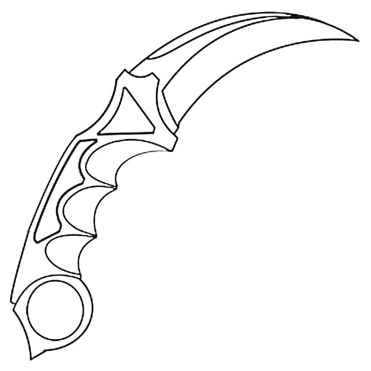 Раскраска Нож керамбит с кольцом на рукоятке и изогнутым лезвием
