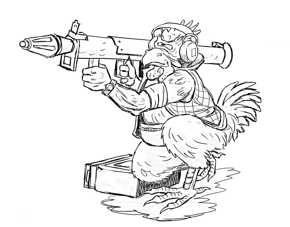  Курица-солдат с гранатометом и в наушниках, снаряженная в жилет, сидящая на коробке