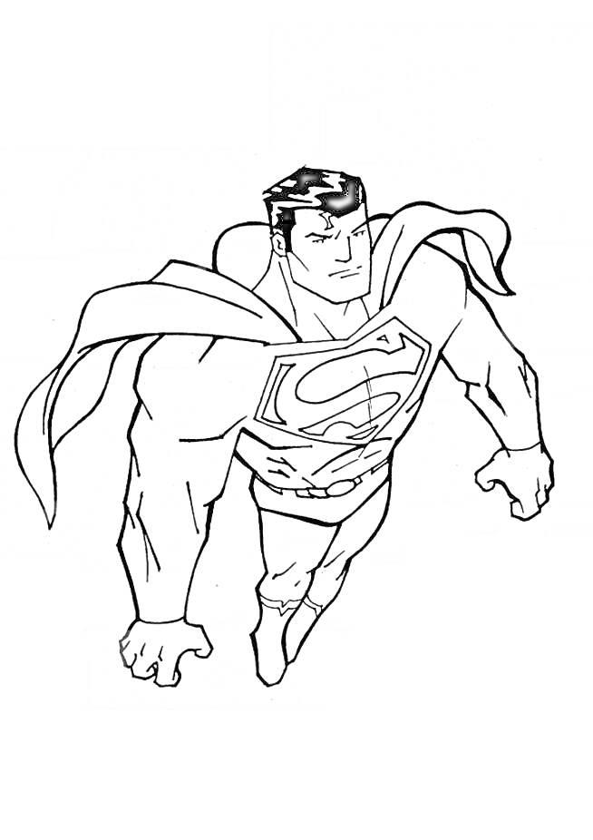 Раскраска Летящий Супермен с плащом, крупный план, логотип 