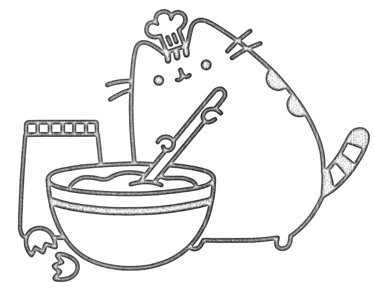 Раскраска Котик Пушин, поваренок, мешает тесто в миске рядом с пакетом муки и разбитыми яйцами