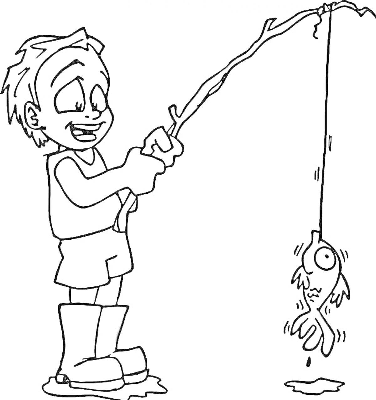 Раскраска Мальчик с удочкой и пойманной рыбой на крючке
