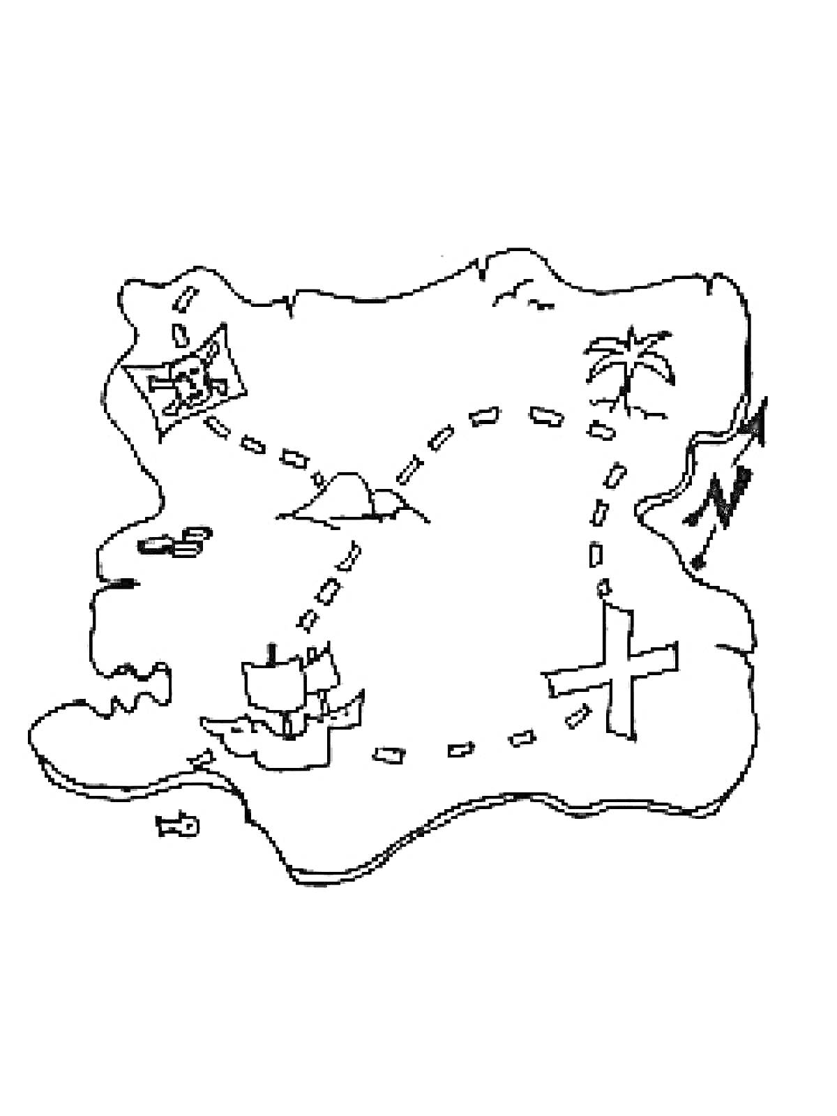 Раскраска Карта сокровищ с островом, пальмой, кораблем, компасом и маршрутом к сокровищу