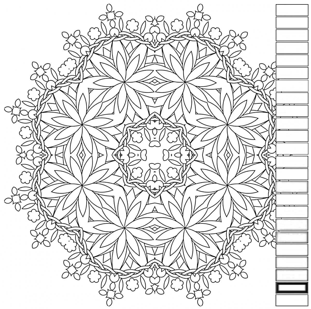 Раскраска Мандала с цветами и листьями по цифрам