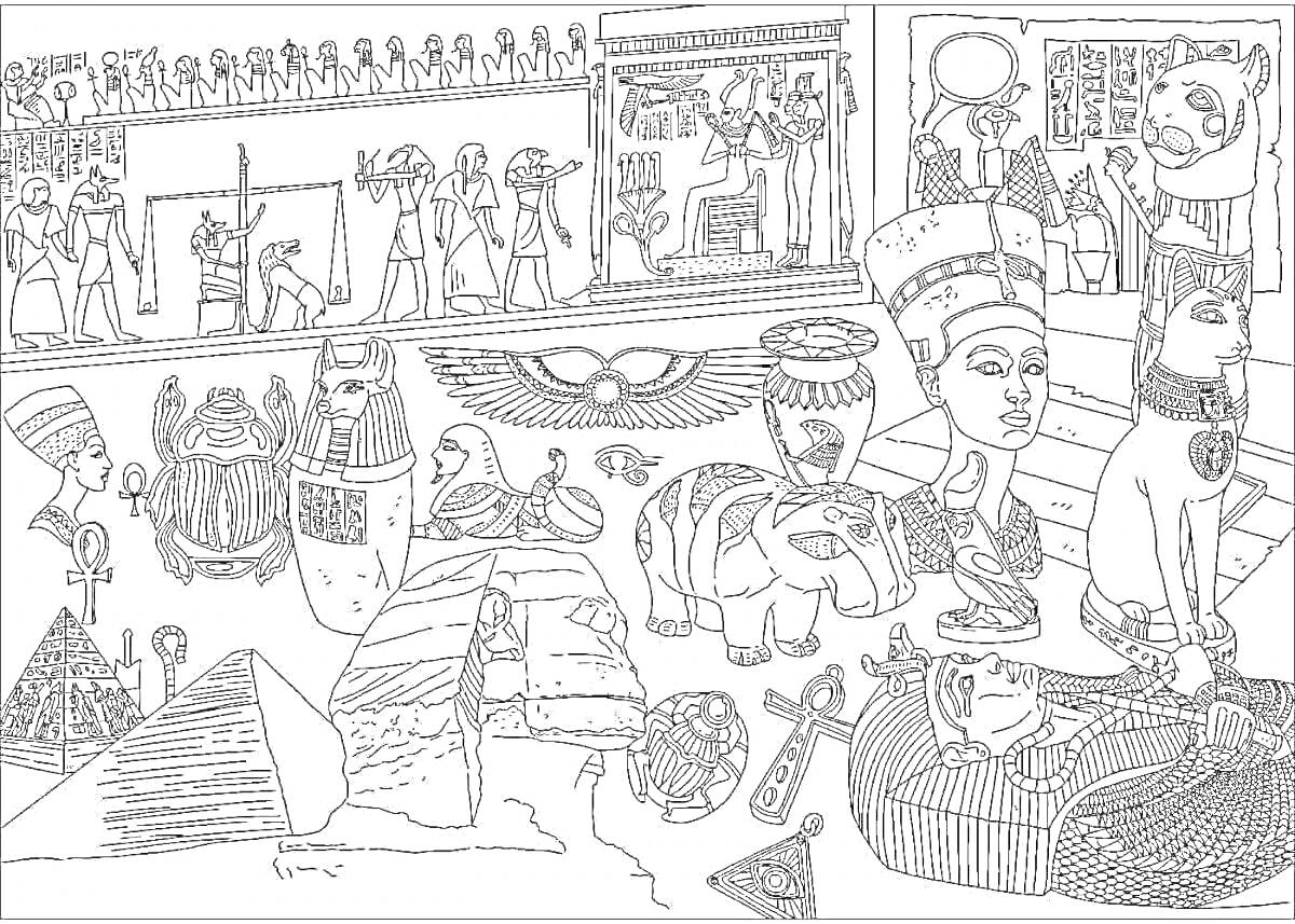 Раскраска Древний Египет - пирамида, саркофаги, жук-скарабей, статуи богов, царица, настенные росписи