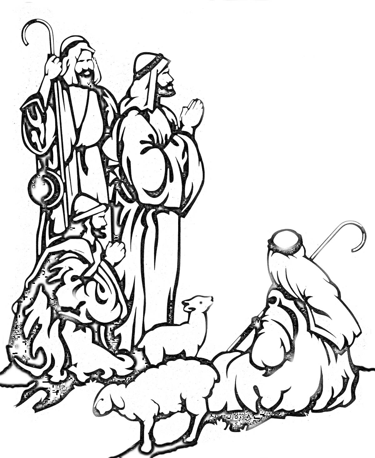 На раскраске изображено: Волхвы, Пастухи, Посохи, Ягненок, Рождественская сцена, Молитва