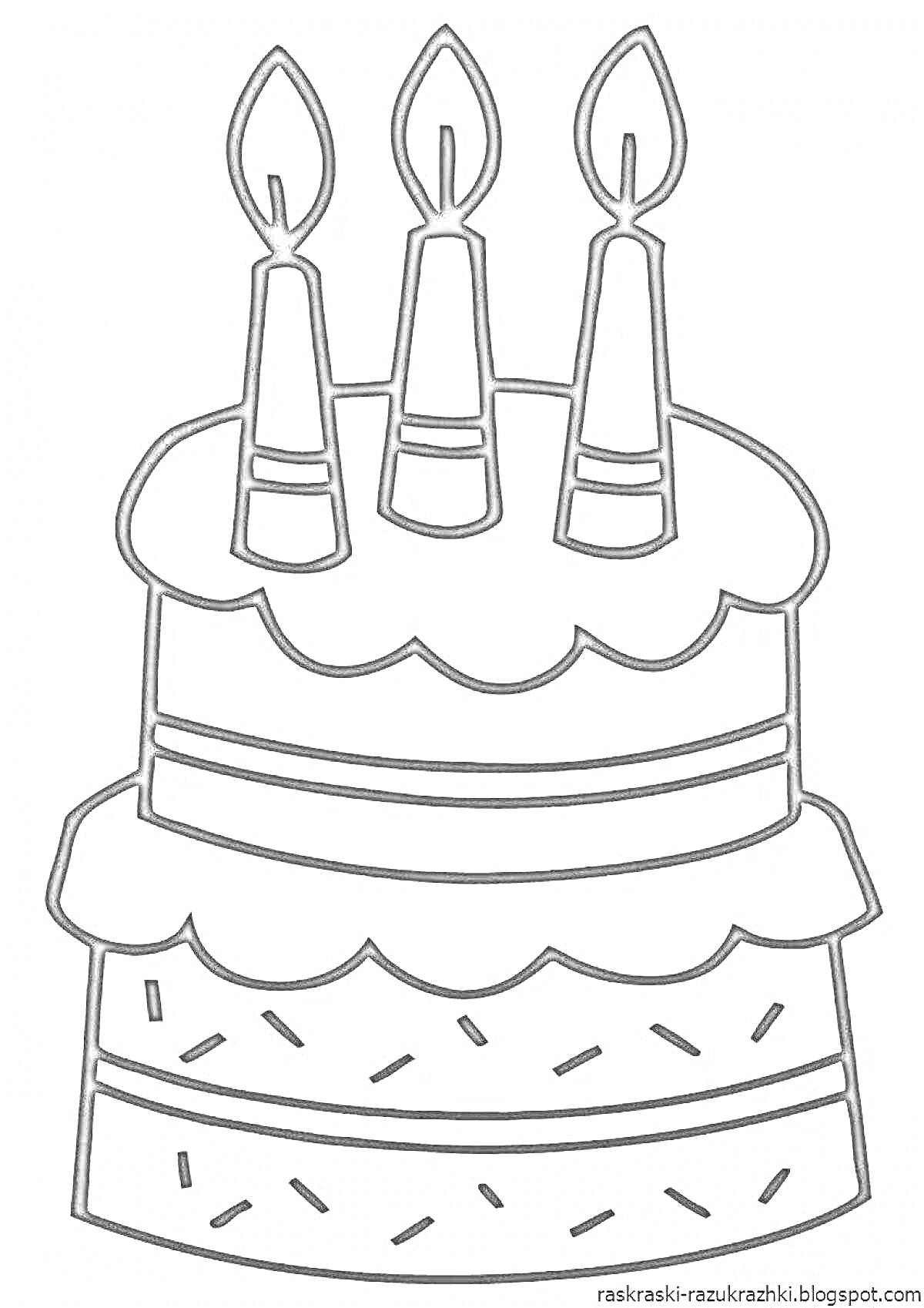 На раскраске изображено: Тортик, Свечи, Сладости, Для детей, 3-4 года