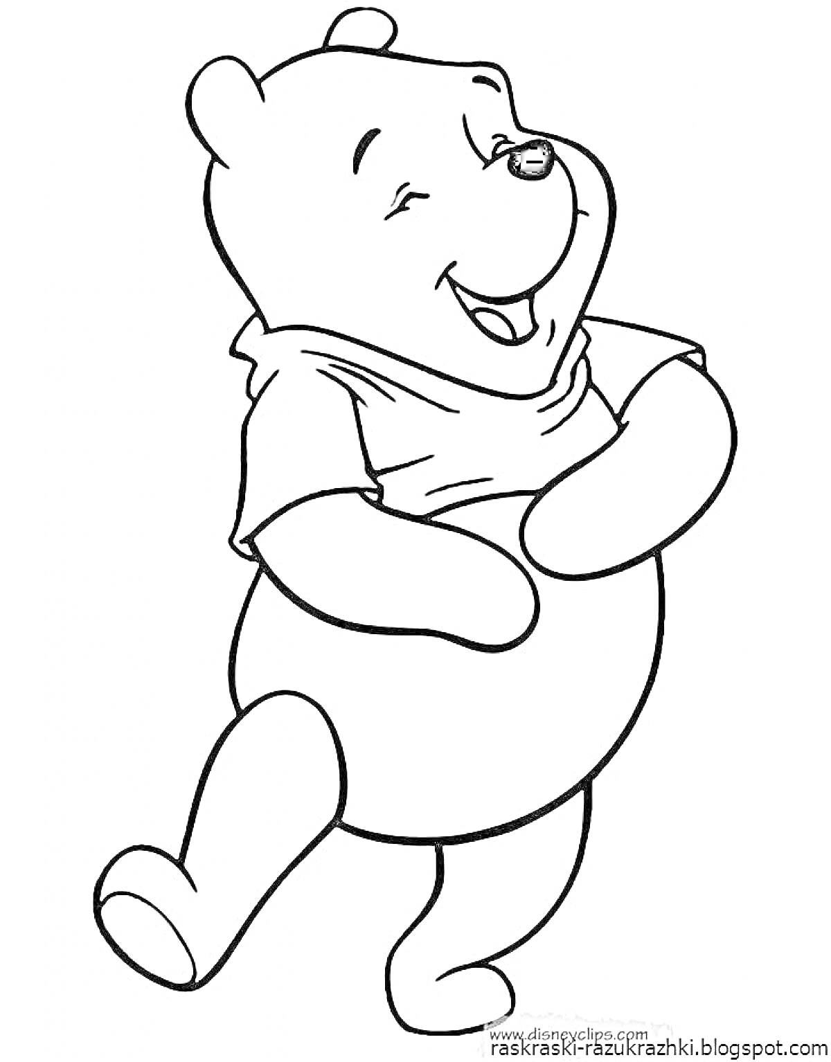 Раскраска улыбающийся медвежонок в футболке и шарфе